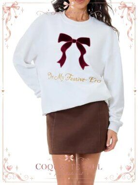 Velvet Bow Gold Embroidered Oversized Crewneck Christmas Sweatshirt